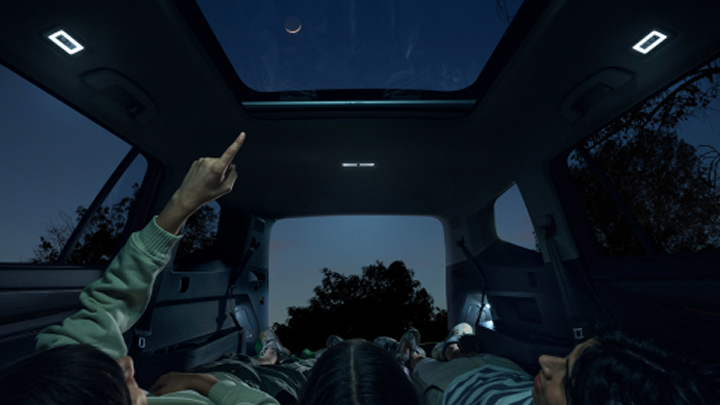 Interior view of an Atlas looking up through the available panoramic sunroof with trees visible through the windows.